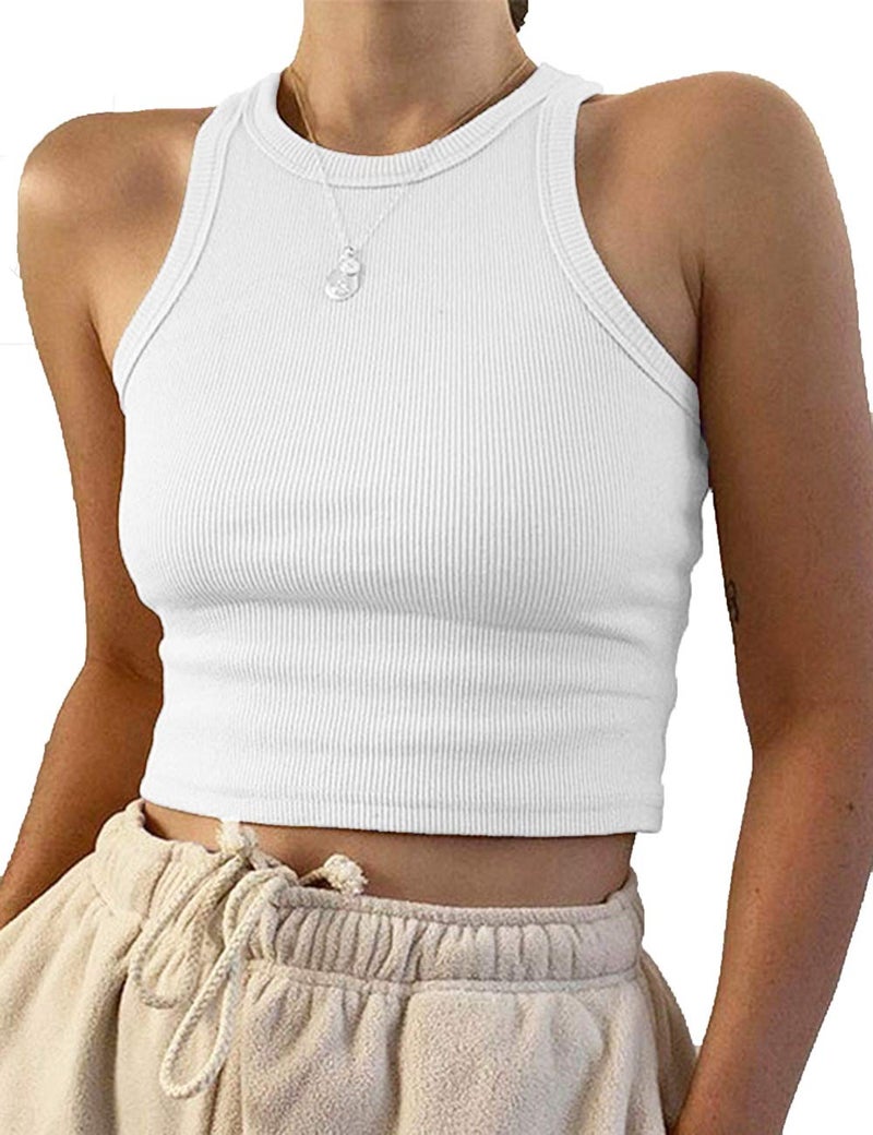 Meladyan Women's Round Neck Basic Racerback Camisole Rib-Knit Solid Sleeveless Crop Tank Tops (Large, White) - Image 1
